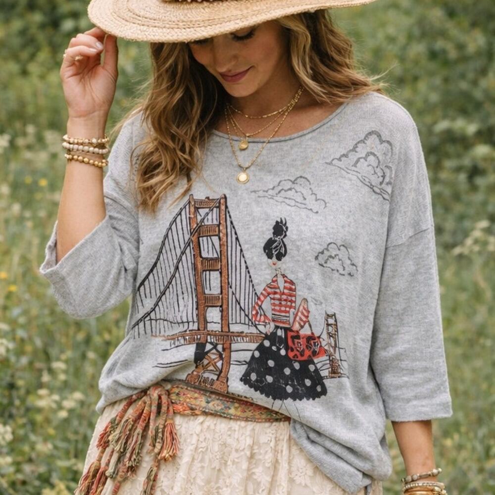 Mesh & Lace Light Gray Graphic Tunic Sweater | SZ S | Lightweight High Fashion